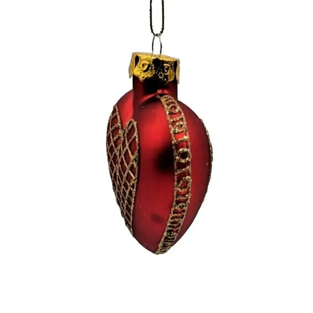 Red Heart Shaped Ornament with‎ Gold Glitter Net Design